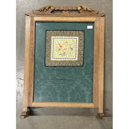 253 - Fire screen with Chinese embroidery Silk Panel mounted on damask.