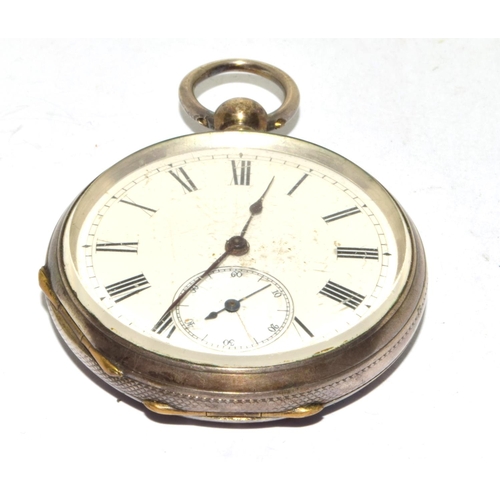 346 - Silver pocket watch and key with white face and Roman numerals and subsidiary dial seen working when... 