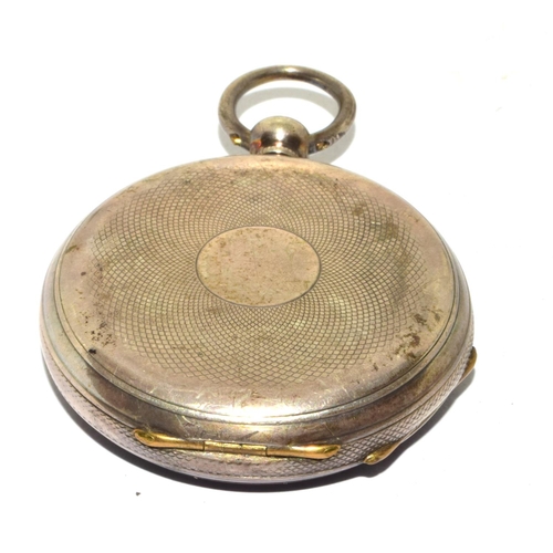 346 - Silver pocket watch and key with white face and Roman numerals and subsidiary dial seen working when... 