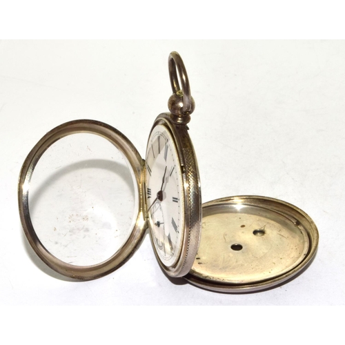 346 - Silver pocket watch and key with white face and Roman numerals and subsidiary dial seen working when... 