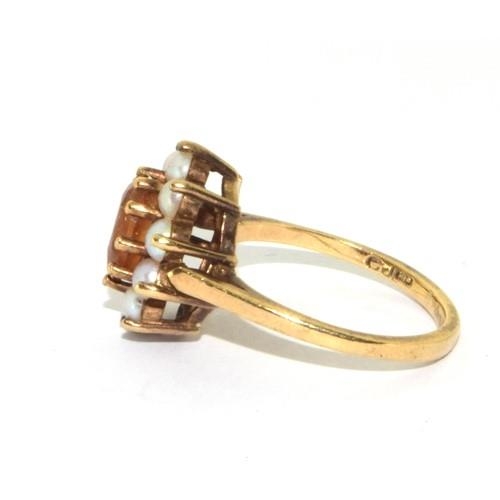 196 - 9ct gold vintage Amber and Pearl halo setting ring 3.4g size M