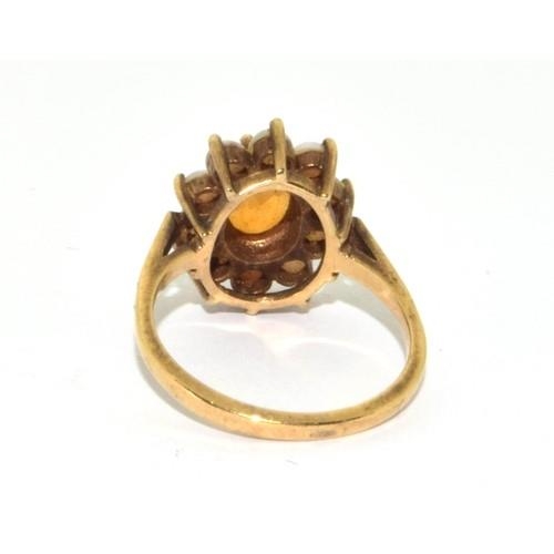 196 - 9ct gold vintage Amber and Pearl halo setting ring 3.4g size M