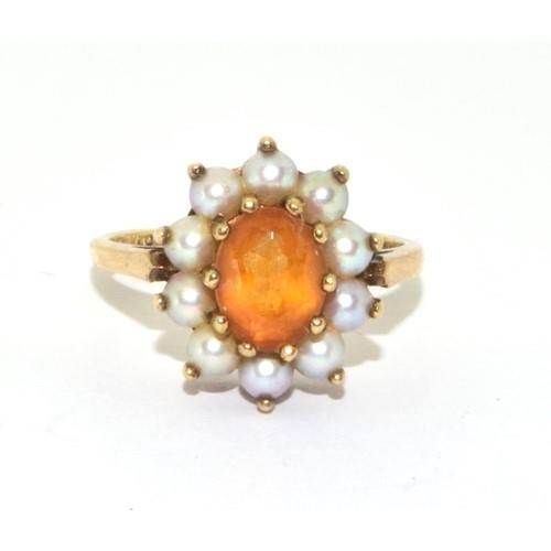 196 - 9ct gold vintage Amber and Pearl halo setting ring 3.4g size M