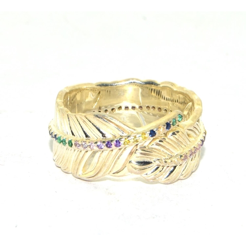 217 - 925 silver ladies Feather design ring set with semi precious stones size N