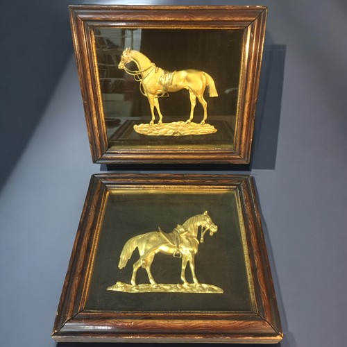 60 - Regency Period Gilded Bronze Reliefs of Horses. Both Framed and Glazed.H 29cmW 35cm