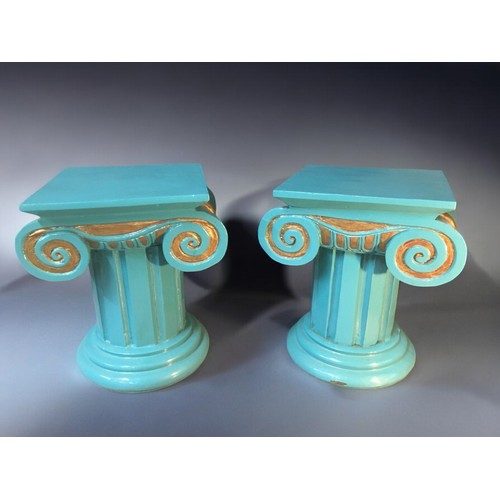 29 - Pair of Carved Wood Turquoise painted Corinthian Column Stools/Plant Stands.H 41cmW 35cmD 35cm... 