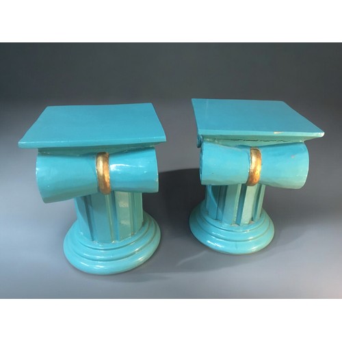 29 - Pair of Carved Wood Turquoise painted Corinthian Column Stools/Plant Stands.H 41cmW 35cmD 35cm... 