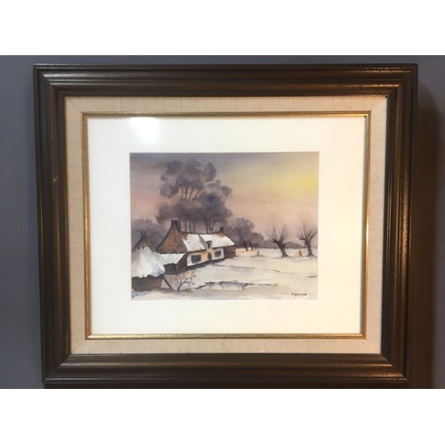 323 - Belgian Watercolour - Winter Country Cottage Scene Signed R.Vagtieeregtals. Framed and Glazed Circa ... 