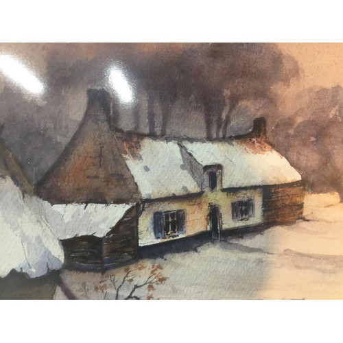 323 - Belgian Watercolour - Winter Country Cottage Scene Signed R.Vagtieeregtals. Framed and Glazed Circa ... 