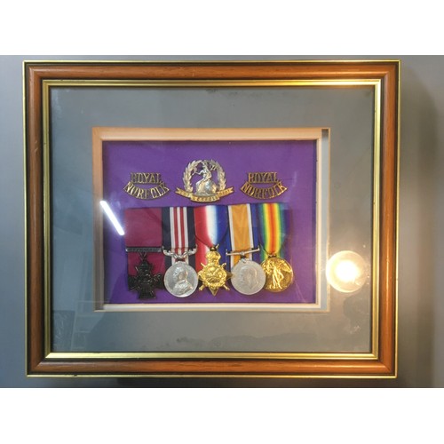 23 - Framed and Glazed WWI Royal Norfolk Medal Group and Badges. Replica and Original. Lt Col Jack Sherwo... 