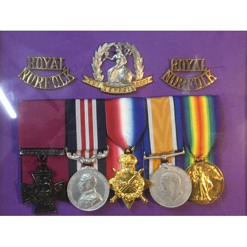 23 - Framed and Glazed WWI Royal Norfolk Medal Group and Badges. Replica and Original. Lt Col Jack Sherwo... 