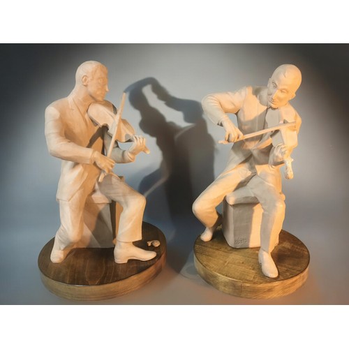 74 - Large Terracotta Scuptures of Violinists - Dated 1992 & 1993, Both with Monogram H.R.K.Height 42... 