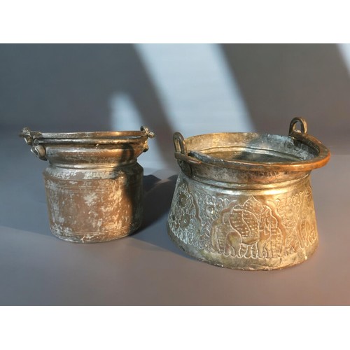 114 - 19th Century Indo Persian Silvered Copper Cooking Vessels. Larger with Elephant Decoration Both with... 