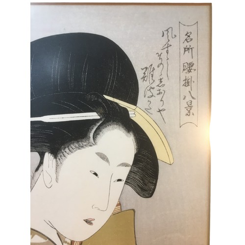 314 - Vintage Japanese Woodblock Print by Kitagawa Utamaro. Beautiful Courtesan with Mirror.H 45cm FrameW ... 