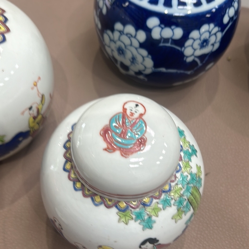 80 - Large collection of 8 Chinese porcelain Ginger jars with lids. One still has Ginger. Qing and later