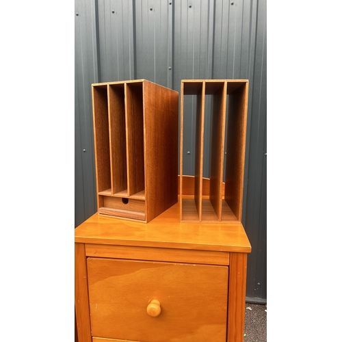 81 - Mid-Century Modern Wooden writing bureau with leather writing surface, accompanied by a pair of wood... 