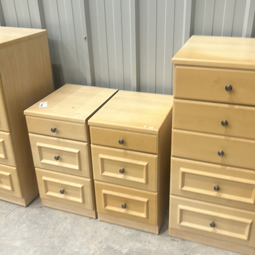 82 - Set of light wood bedroom furniture includes a Tv Cabinet, two bedside cabinets, and two chest of dr... 