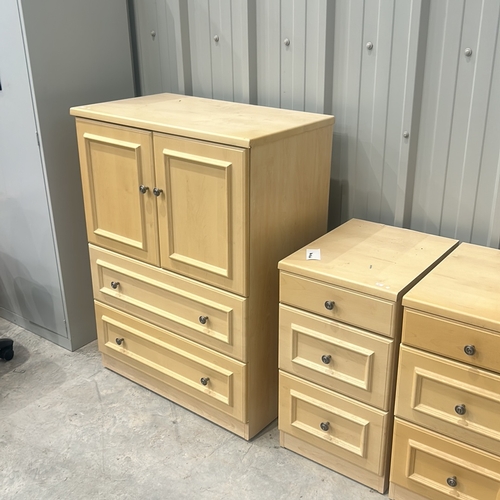 82 - Set of light wood bedroom furniture includes a Tv Cabinet, two bedside cabinets, and two chest of dr... 