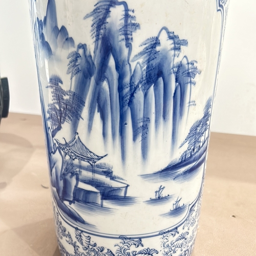 83 - 1. Antique type Chinese blue and white porcelain vase with scenic landscape design, Qing Dynasty sty... 