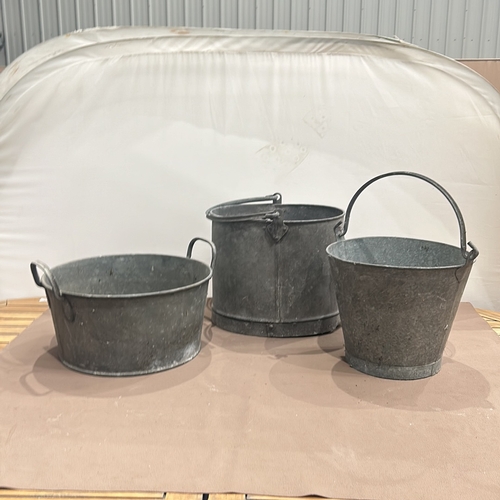 88 - Set of three vintage galvanized metal buckets, including one with a divided section and perforated i... 