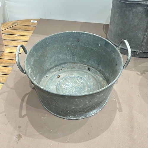 88 - Set of three vintage galvanized metal buckets, including one with a divided section and perforated i... 