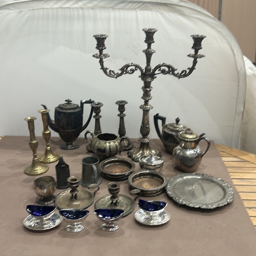 90 - Collection of various antique silver-plated items including candlesticks, a candelabra, tea pots, bo... 