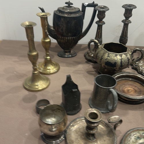 90 - Collection of various antique silver-plated items including candlesticks, a candelabra, tea pots, bo... 