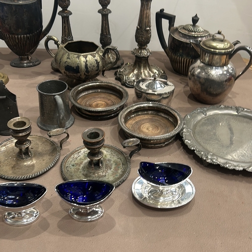 90 - Collection of various antique silver-plated items including candlesticks, a candelabra, tea pots, bo... 