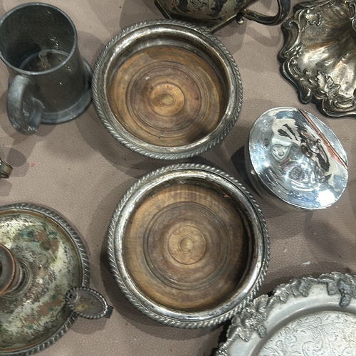 90 - Collection of various antique silver-plated items including candlesticks, a candelabra, tea pots, bo... 