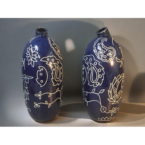 186 - Large Pair of Scraffito Mid Century Blue Art Pottery Vases, with unusual Canted Necks.