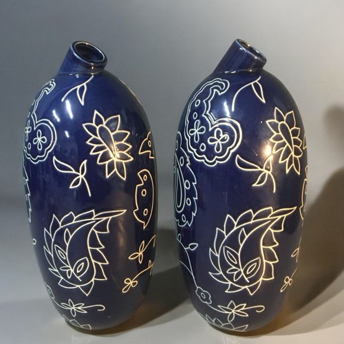 186 - Large Pair of Scraffito Mid Century Blue Art Pottery Vases, with unusual Canted Necks.