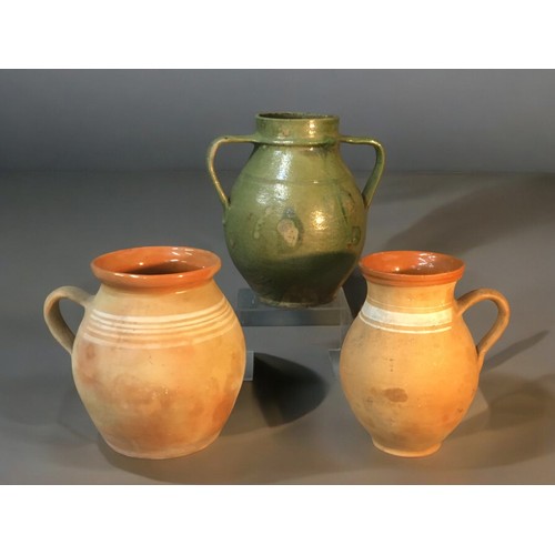 190 - Twin Handled Amphora Style Green Glazed Traditional Hungarian Early 20th Century Vessel, and 2 x Tra... 