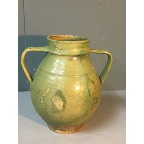 190 - Twin Handled Amphora Style Green Glazed Traditional Hungarian Early 20th Century Vessel, and 2 x Tra... 