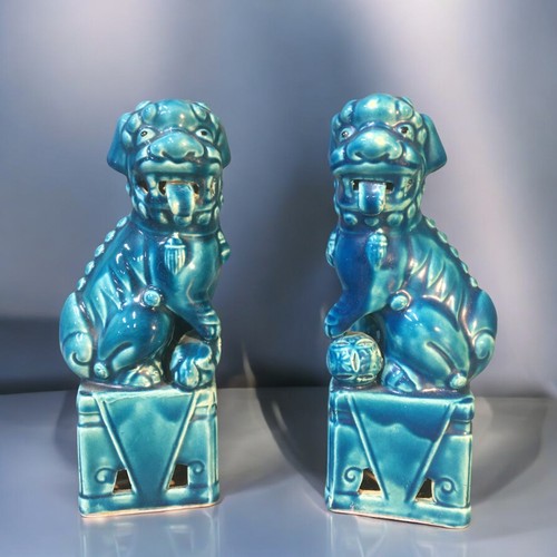 120 - Vintage Pair of Ceramic Turquoise Glazed Foo Dogs.H 20cm