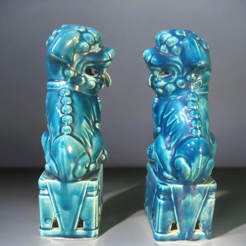 120 - Vintage Pair of Ceramic Turquoise Glazed Foo Dogs.H 20cm