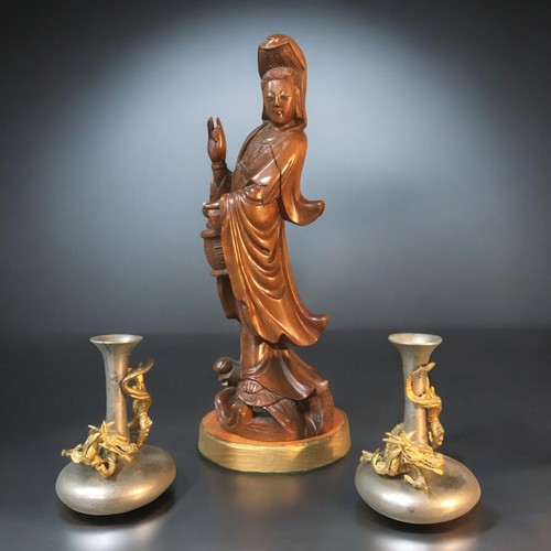 122 - A Chinese Wood Carved and Signed Guanyin on Dragons Head (Later made Stand) together with a Pair of ... 