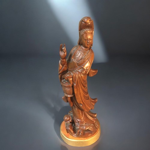 122 - A Chinese Wood Carved and Signed Guanyin on Dragons Head (Later made Stand) together with a Pair of ... 