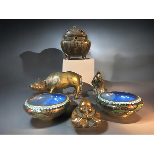 127 - Chinese 19th Century and Later Metalware - Bronze seated Budha, Cloisonné Salts, Buffalo, Lidded Bro... 