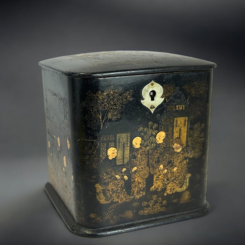 137 - A Victorian Papier-mache 'Chinoiserie' decorated tea caddy.Height - 11cm