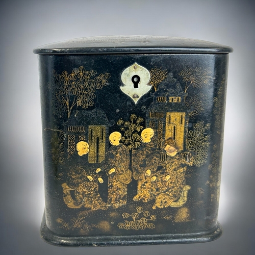 137 - A Victorian Papier-mache 'Chinoiserie' decorated tea caddy.Height - 11cm