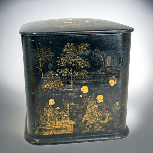 137 - A Victorian Papier-mache 'Chinoiserie' decorated tea caddy.Height - 11cm