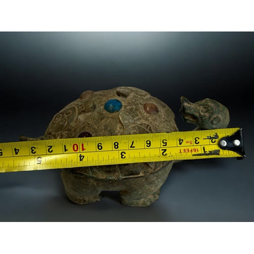 142 - A Chinese Archaistic Bronze Turtle (Pinyin). Relief young to shell inset with various cabochon.Lengt... 