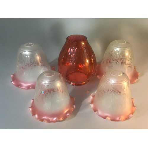 51 - 20th Century Oil Lamp/Light Shades x 5 - Cranberry example and 2 Pairs of matching Etched with Crimp... 