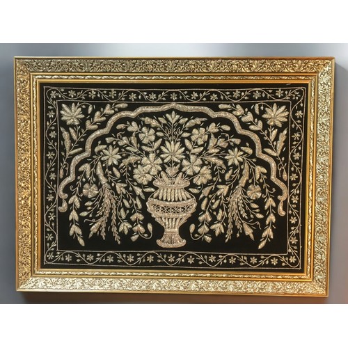 304 - Large Indian Silver Thread Art Work on Black Velvet in a Gilt Frame.H 67cmW 89cm