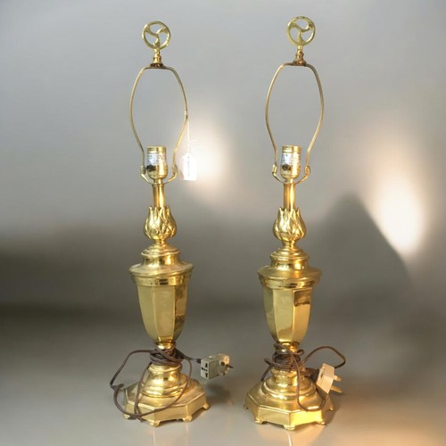 350 - Pair of Brass Lamps of Octagonal Baluster Form with Chrysanthemum top Detail.Height 69cm