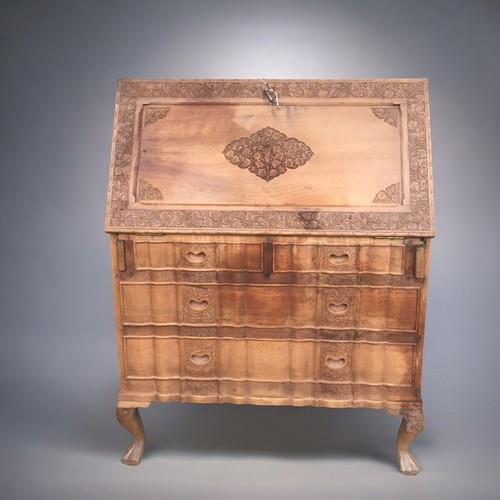 352 - Carved Indian Kashmiri Foliate Hardwood Bureau. 2 Over 2 Drawers all carved and a Desk Tidy! Support... 