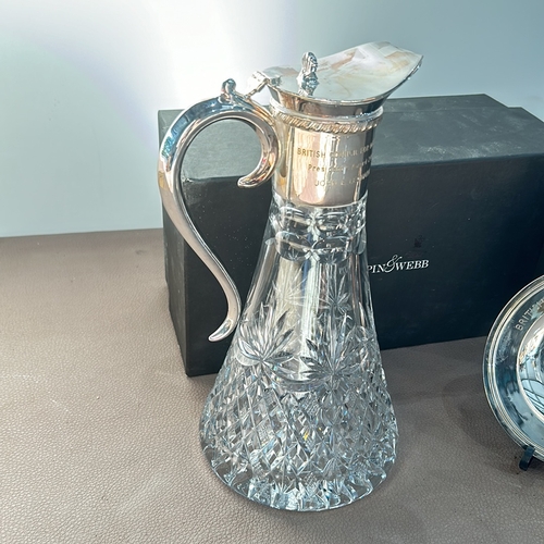 291 - Mappin & Webb crystal claret jug with engraved silver style detailing, paired with a commemorati... 