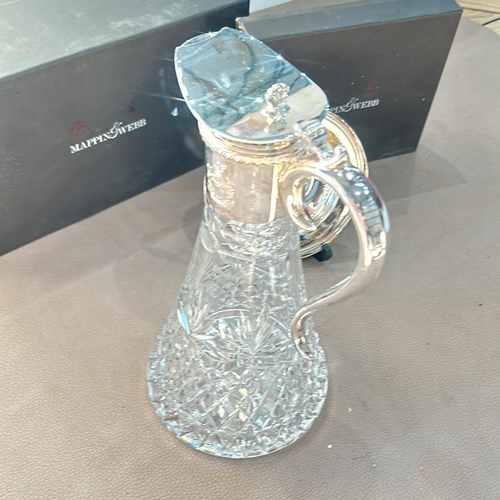 291 - Mappin & Webb crystal claret jug with engraved silver style detailing, paired with a commemorati... 