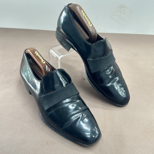 306 - Crocket & Jones black patent leather dress shoes with elastic strap detail and branded church’s ... 