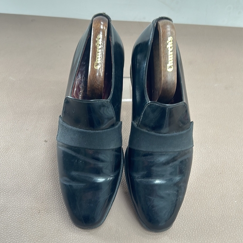 306 - Crocket & Jones black patent leather dress shoes with elastic strap detail and branded church’s ... 